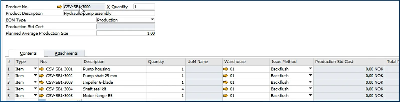 SAP Business One bill of materials for CSV-SB1-3000 Hydraulic pump assembly with five lines, four shaft seal kits