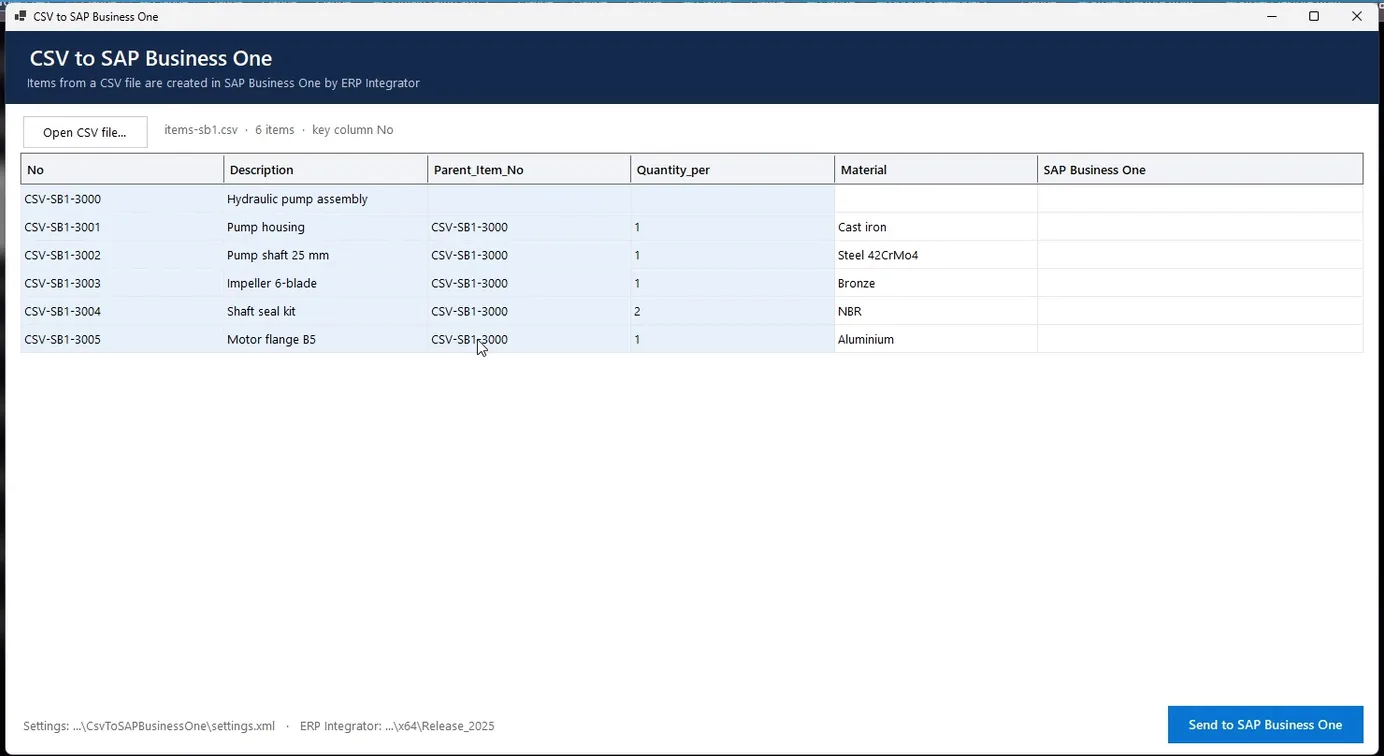 CSV to SAP Business One demo application listing six items from a CSV file with their parent item and quantity, the columns sent to SAP Business One tinted blue