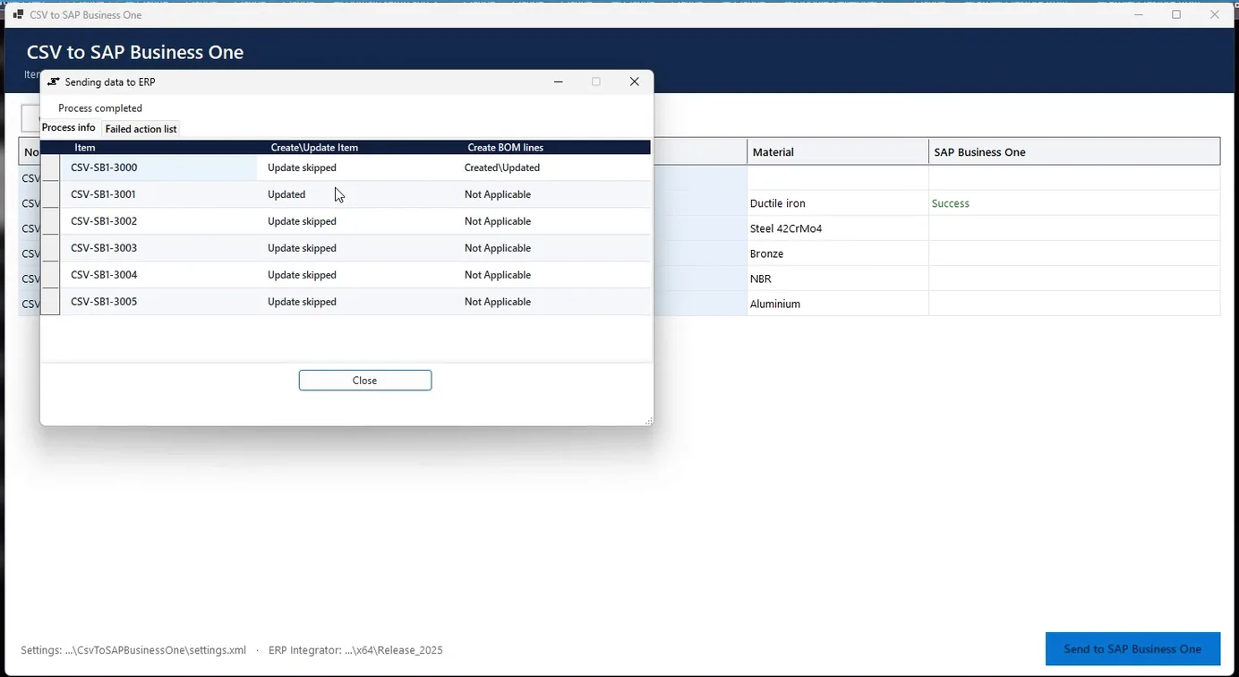 Second send: CSV-SB1-3001 Updated, the other items Update skipped, the pump assembly bill of materials Created\Updated