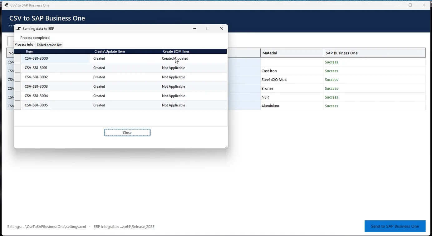 ERP Integrator status window over the demo application: six items Created in SAP Business One, the pump assembly bill of materials Created\Updated