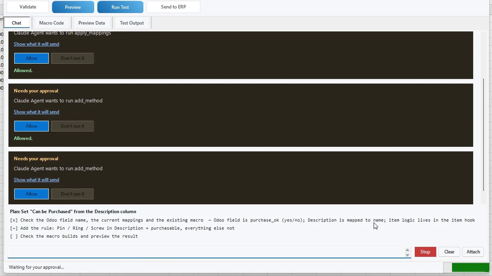 AI Macro Chat in Excel asking for approval before it changes the field mapping and the macro for the Can be Purchased rule