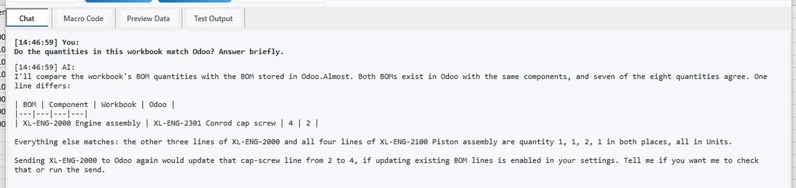 AI chat in Excel: every BOM line matches Odoo except the conrod cap screw, 4 in the workbook and 2 in Odoo