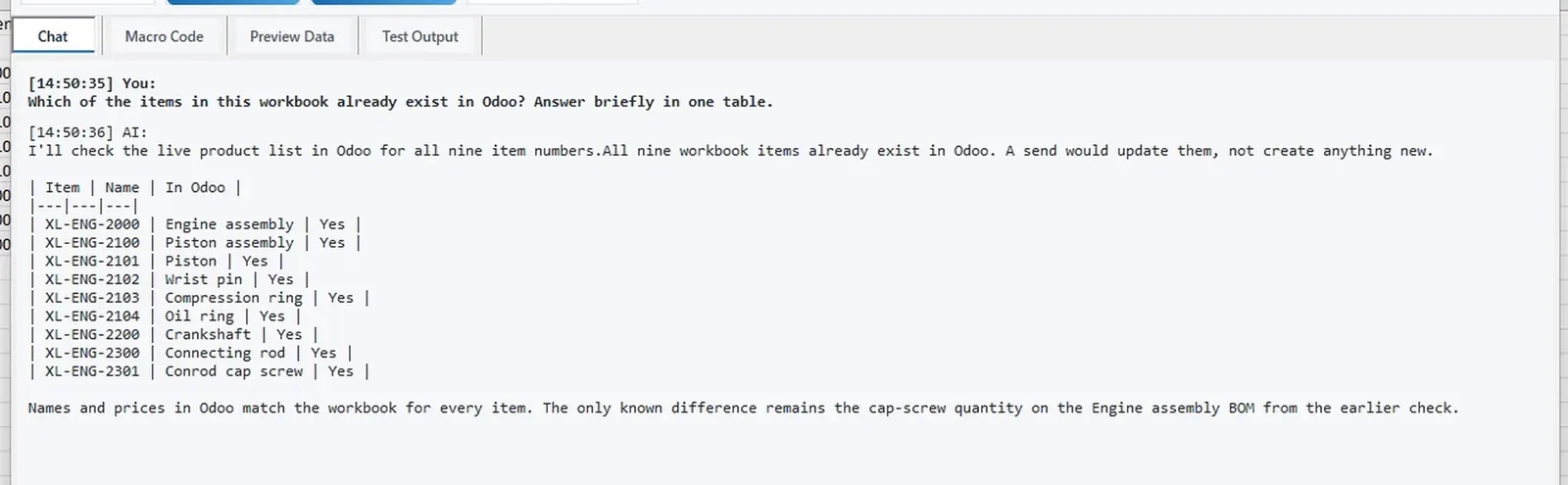AI chat in Excel listing the nine workbook items and that all of them exist in Odoo