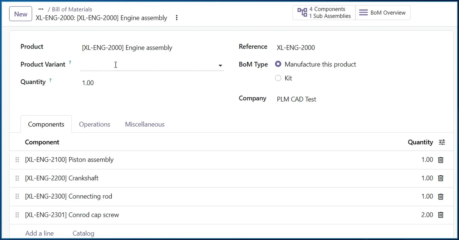 Odoo bill of materials for XL-ENG-2000 Engine assembly with four components and their quantities