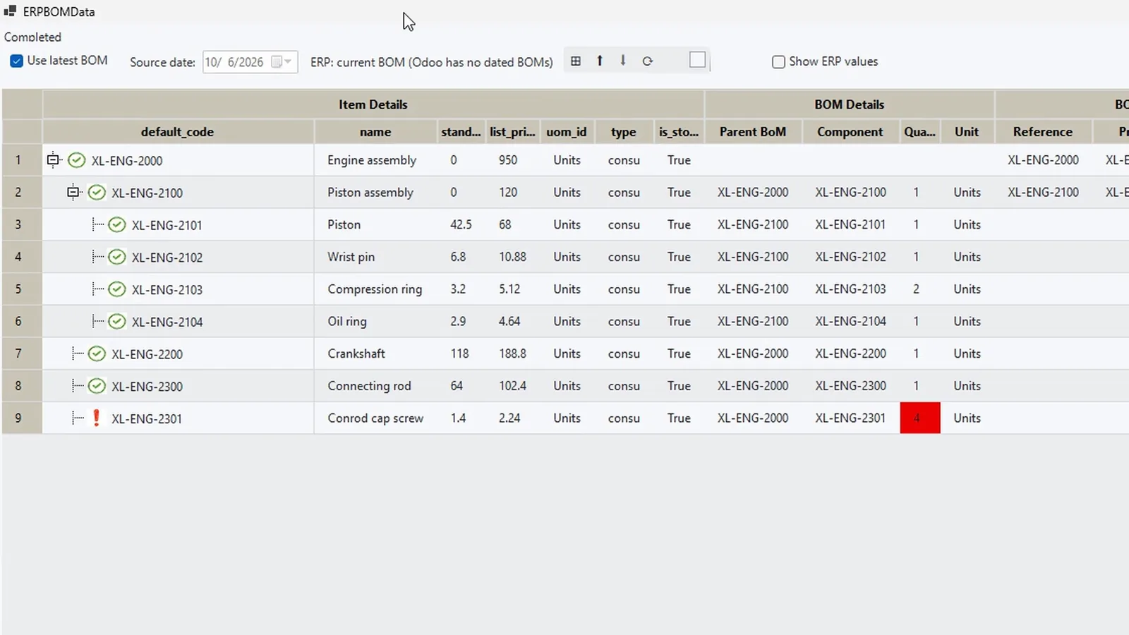 ERP Data in Excel comparing the workbook with Odoo, the changed quantity of the conrod cap screw marked red