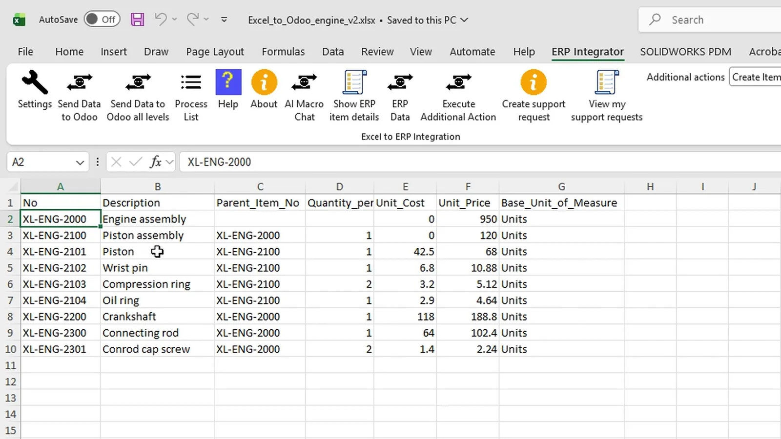 Excel workbook with the ERP Integrator ribbon tab: Send Data to Odoo and Send to Odoo all levels, and rows with number, description, parent, quantity, cost, price and unit