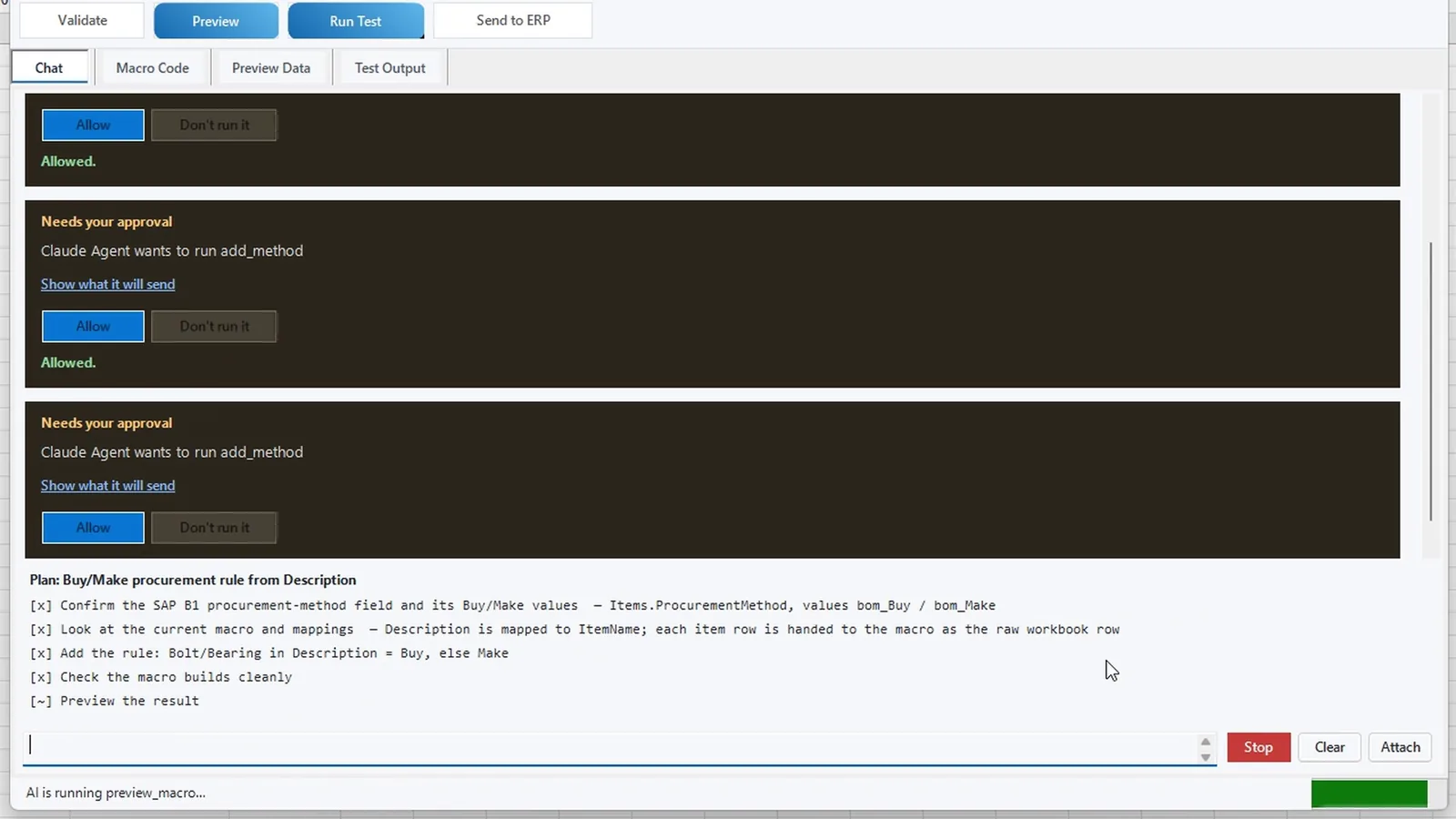 AI Macro Chat in Excel asking for approval before it changes the macro for the Buy/Make rule