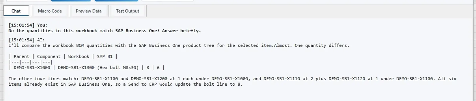 AI chat in Excel: every BOM line matches SAP Business One except the hex bolt, 8 in the workbook and 6 in SAP Business One