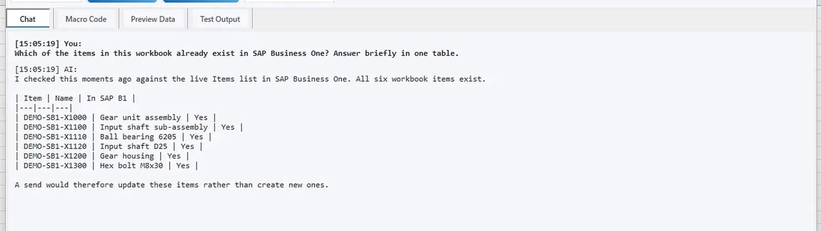 AI chat in Excel listing the six workbook items and that all of them exist in SAP Business One