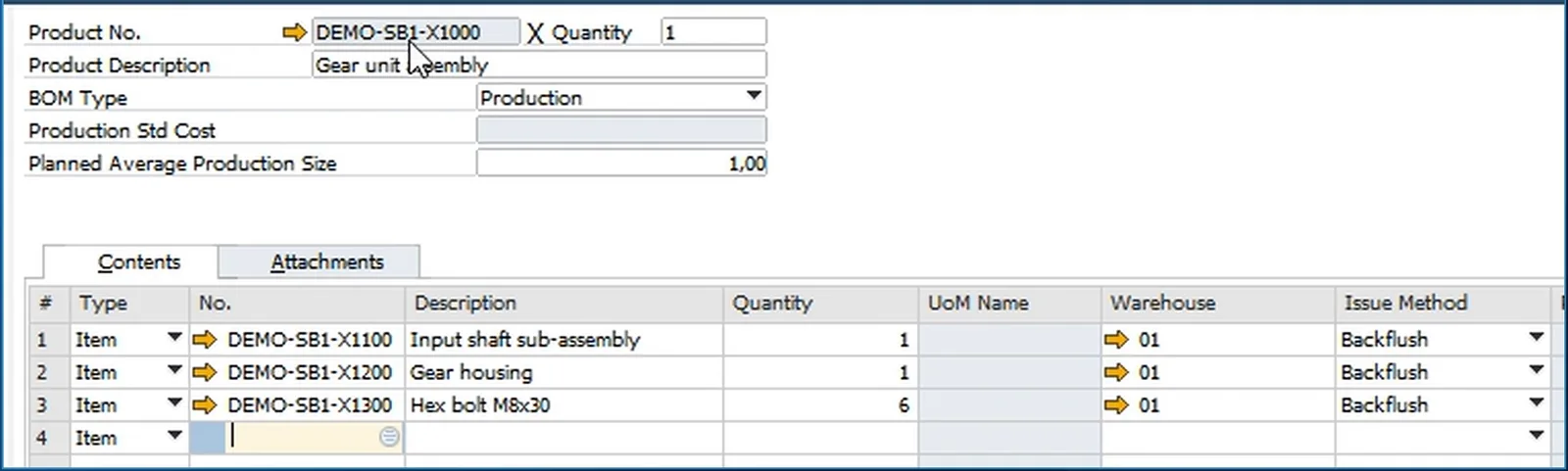 SAP Business One bill of materials for DEMO-SB1-X1000 Gear unit assembly with three lines and their quantities