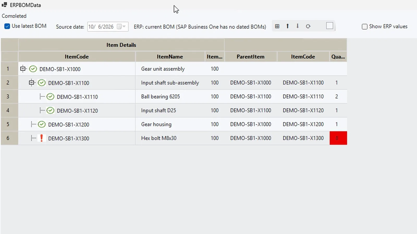 ERP Data in Excel comparing the workbook with SAP Business One, the changed quantity of the hex bolt marked red