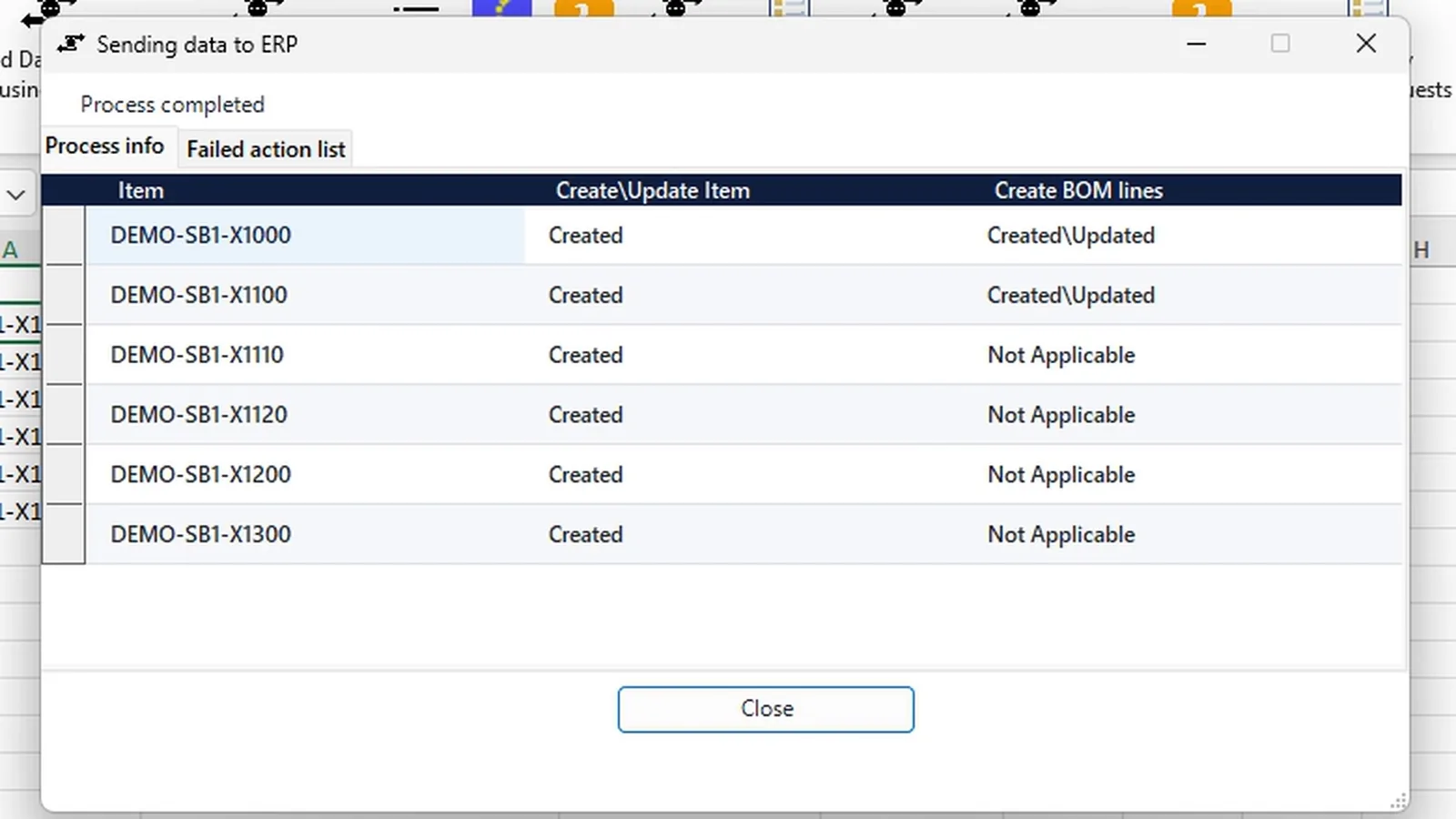 ERP Integrator send dialog in Excel: six items Created in SAP Business One, BOM lines Created\Updated for the gear unit and the input shaft sub-assembly