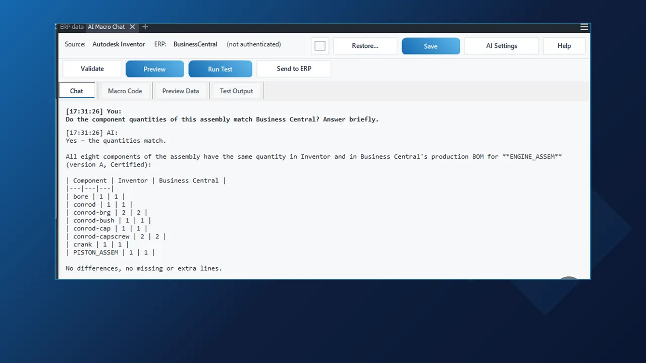 AI Macro Chat answering that all eight component quantities of the Inventor assembly match the Business Central production BOM