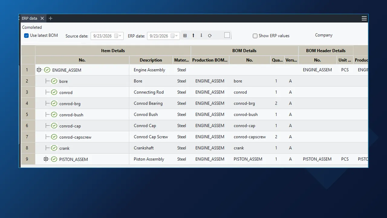 INV2BC ERP data pane in Inventor comparing the engine assembly BOM with Business Central, every line marked with a green check