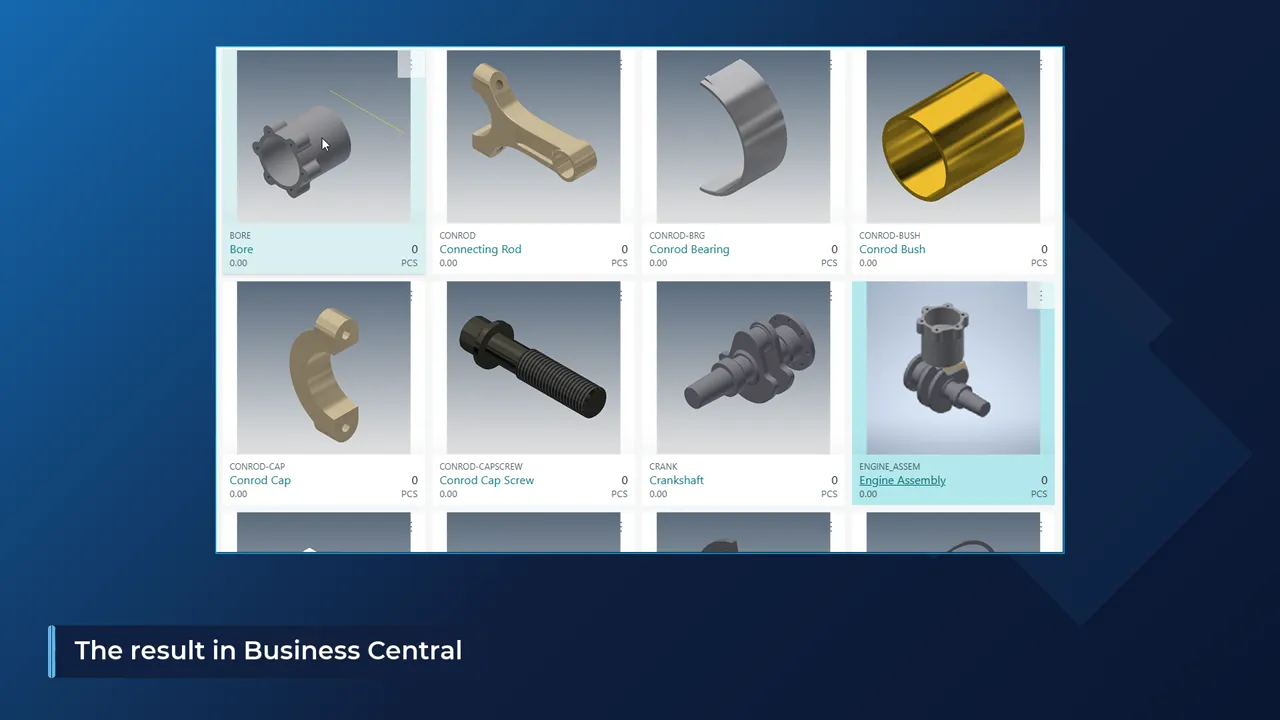 Business Central item tiles for the bore, connecting rod, conrod bearing and engine assembly, each showing the Inventor thumbnail as its picture