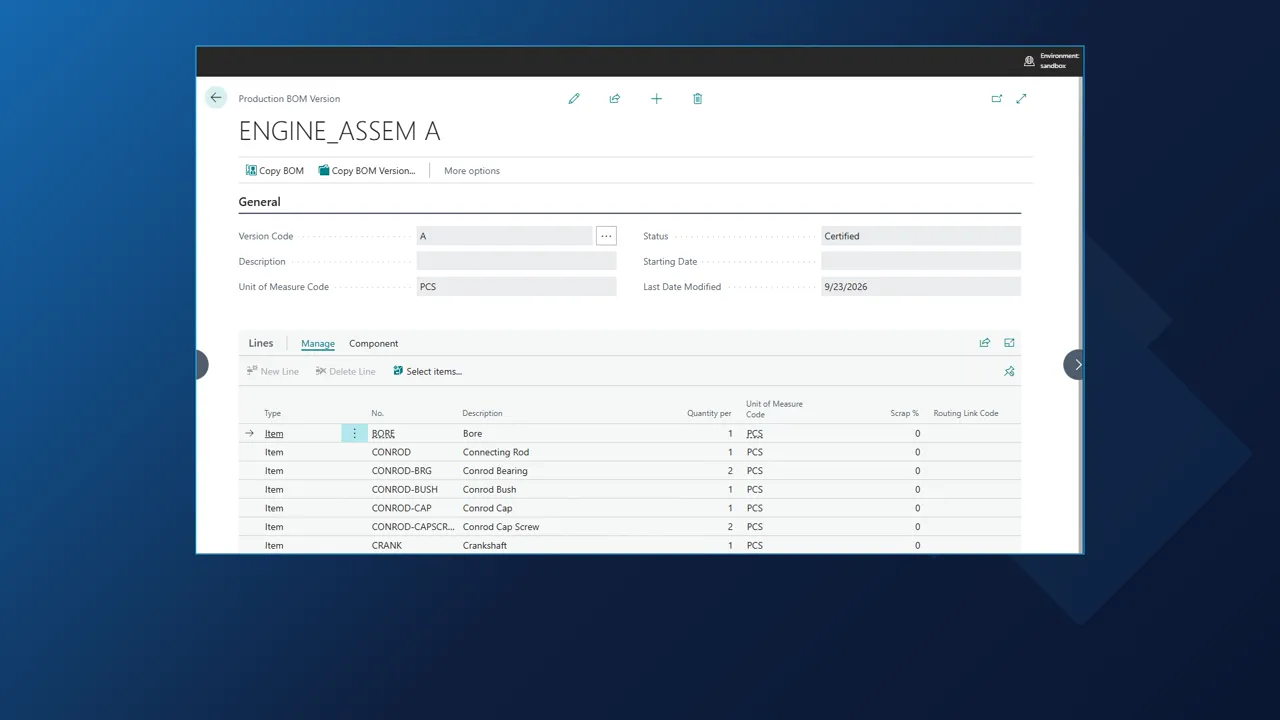 Business Central production BOM version A for ENGINE_ASSEM, status Certified, with the components sent from Inventor
