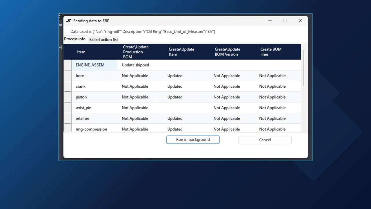 INV2BC Sending data to ERP dialog in Inventor listing each item of the engine assembly with its production BOM, item, BOM version and BOM line status