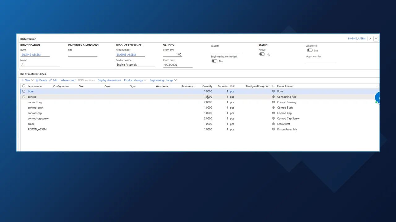 Dynamics 365 BOM version A for ENGINE_ASSEM with the bill of materials lines sent from Inventor