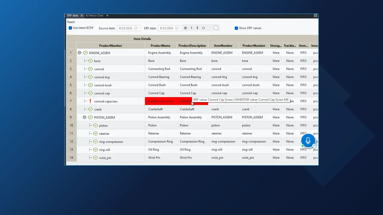INV2ERP ERP data pane in Inventor with the cap screw description marked red because it differs from Dynamics 365