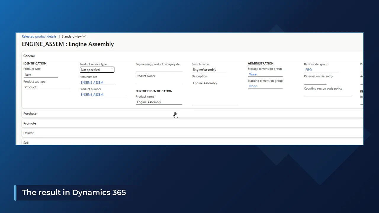 Dynamics 365 released product details for ENGINE_ASSEM created from Autodesk Inventor, with storage dimension group Ware and item model group FIFO