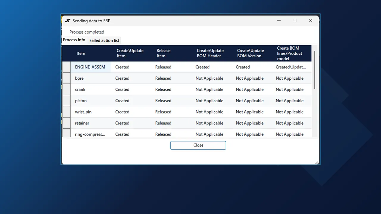 INV2ERP result dialog after sending an Inventor assembly to Dynamics 365, each product Created and Released with its BOM header and version