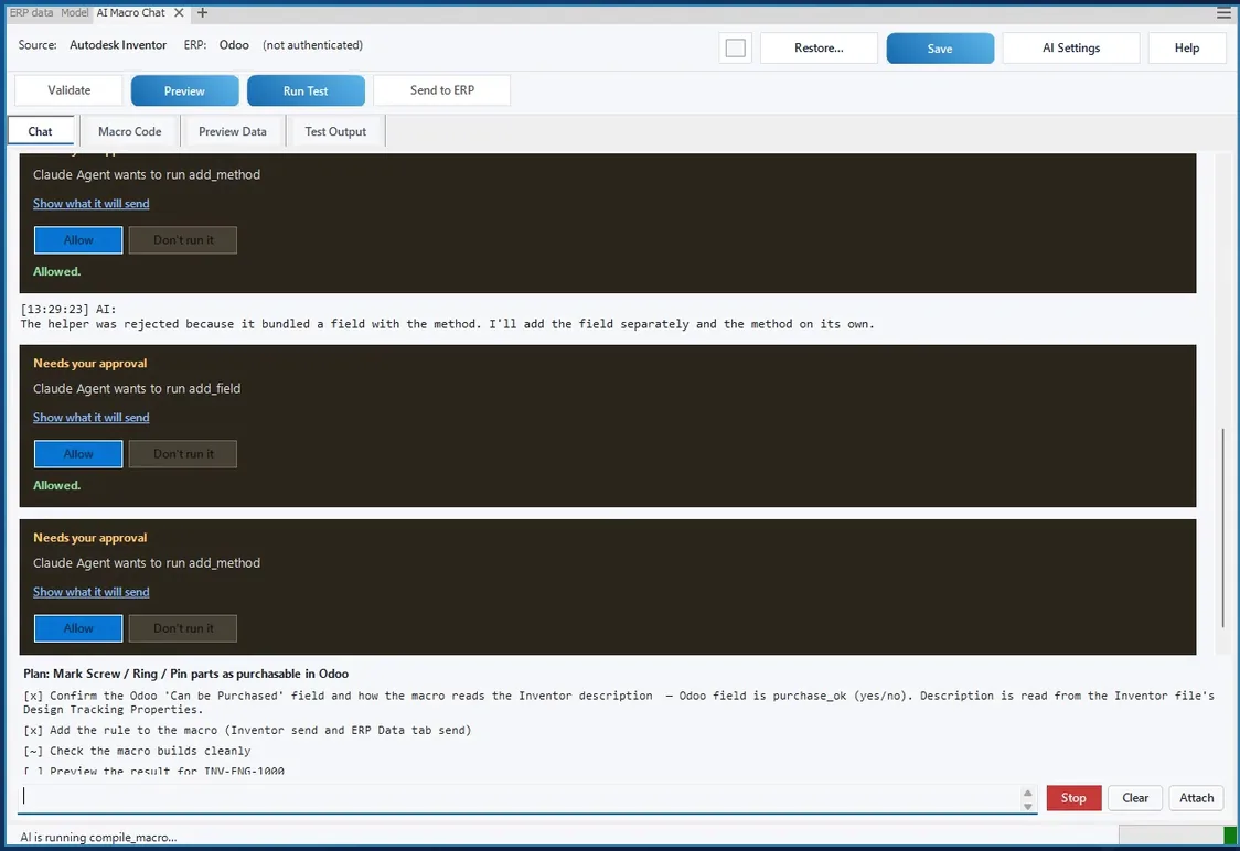 AI Macro Chat in Inventor asking for approval before each change to the macro for the Can be Purchased rule