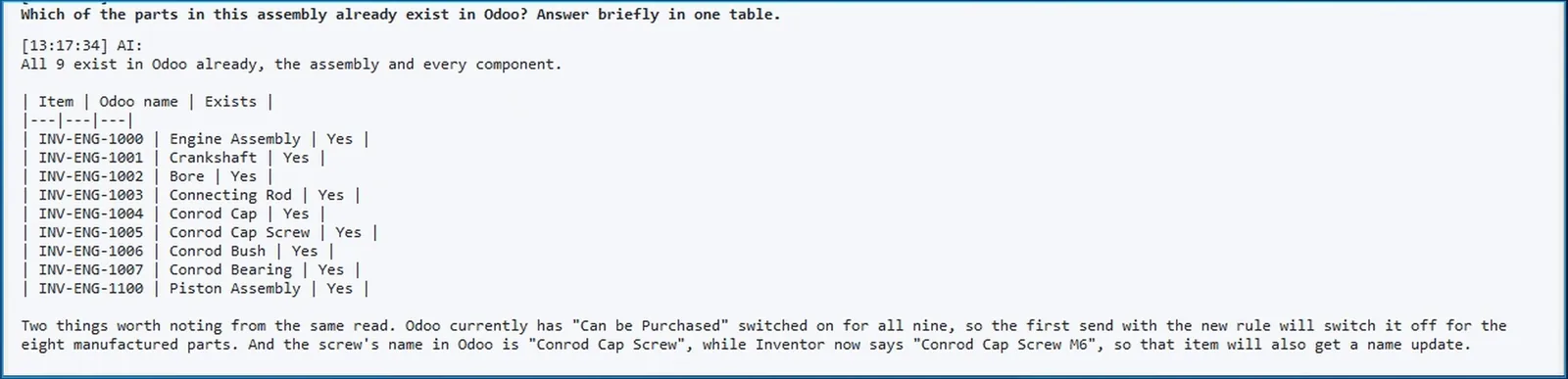 AI chat in Inventor listing the parts of the assembly that already exist in Odoo, in one table