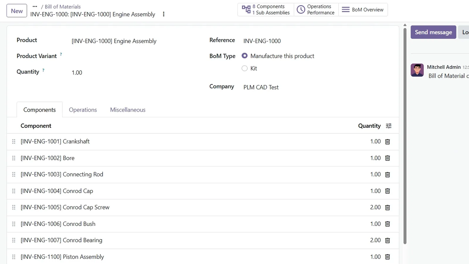 Odoo bill of materials for INV-ENG-1000 Engine Assembly with eight components and their quantities