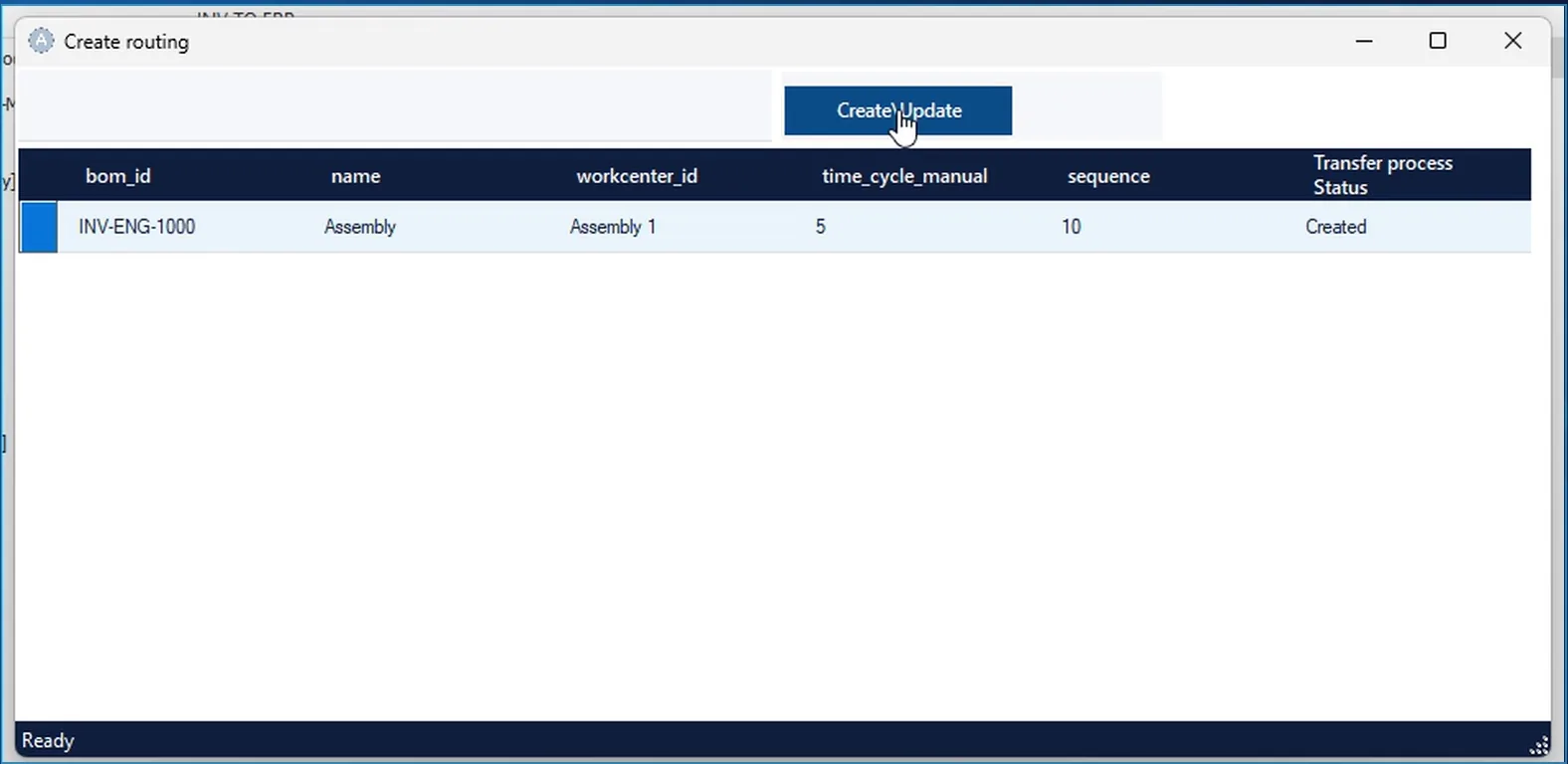 Create routing dialog in Inventor: operation Assembly for INV-ENG-1000 on work center Assembly 1, time 5, status Created