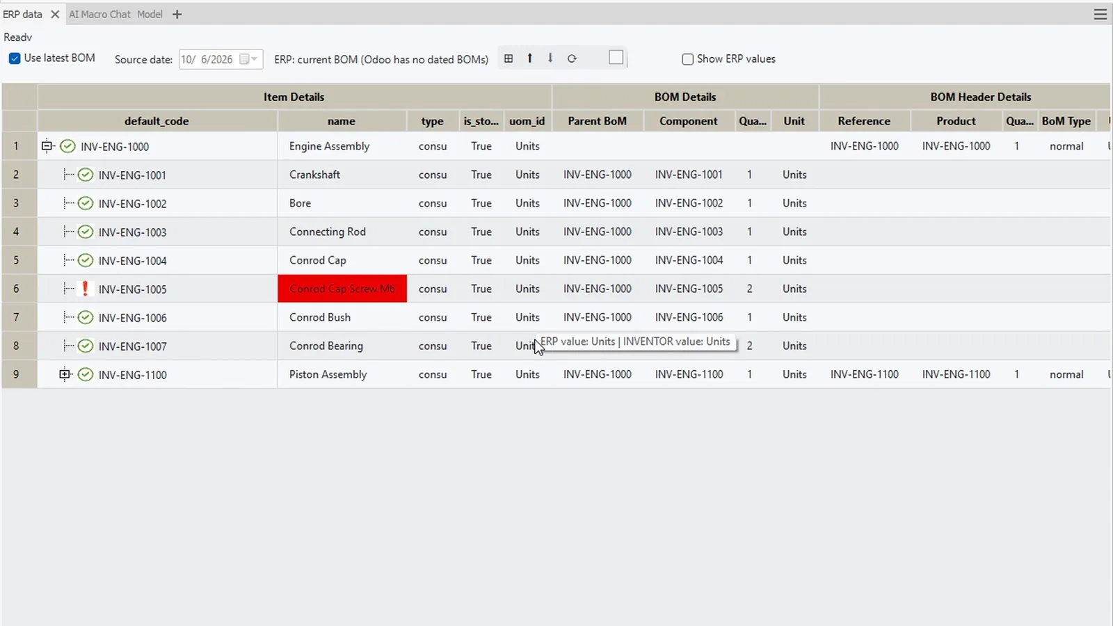 ERP data pane in Inventor comparing the assembly with Odoo, the changed description of the cap screw marked red
