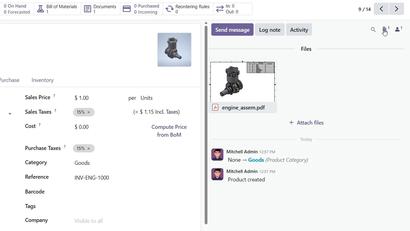 Odoo product form for the engine assembly with the Inventor thumbnail as its picture and engine_assem.pdf under Files