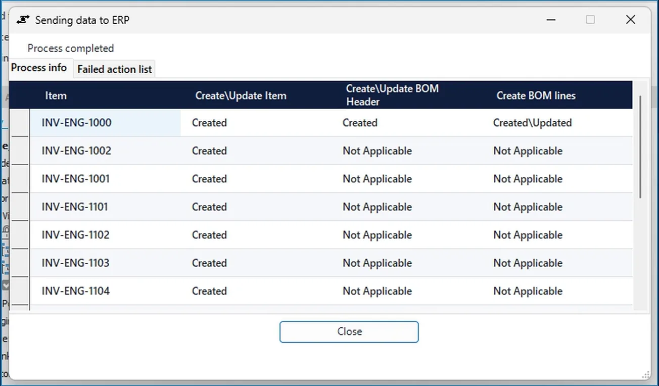 INV2ERP send dialog for Odoo: items Created, BOM header Created and BOM lines Created\Updated for the engine assembly