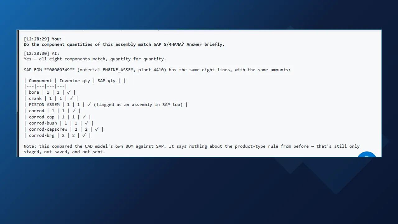AI Macro Chat answering that all eight components of the Inventor assembly match the SAP S/4HANA BOM quantity for quantity
