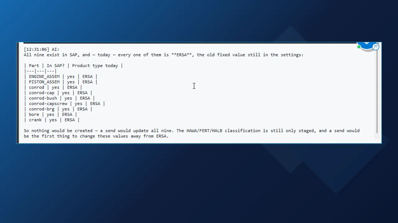 AI Macro Chat table of the nine Inventor parts found in SAP S/4HANA with their current product type ERSA