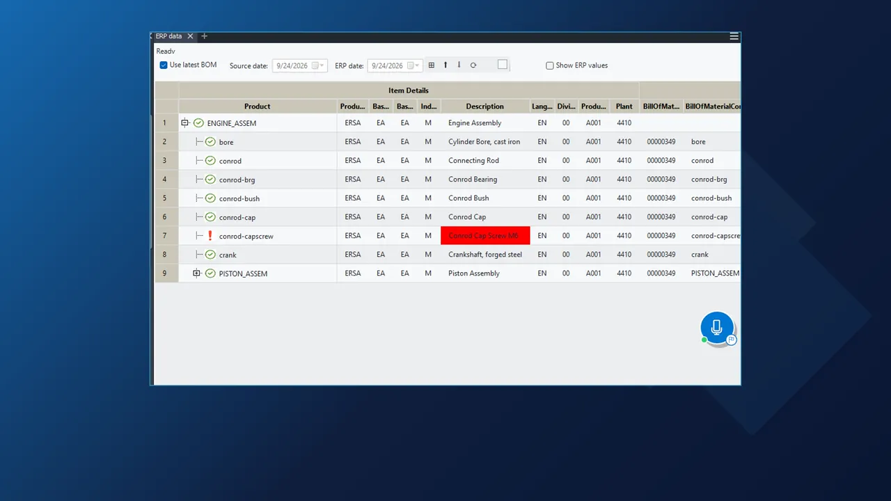 INV2ERP ERP data pane in Inventor comparing with SAP S/4HANA, the cap screw description marked red