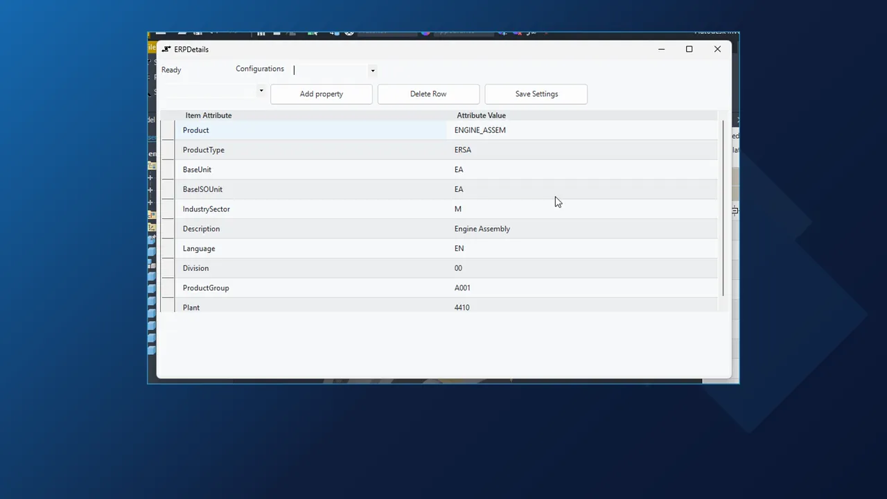 ERP Item Details window in Inventor showing the SAP S/4HANA product ENGINE_ASSEM with product type, base unit and plant