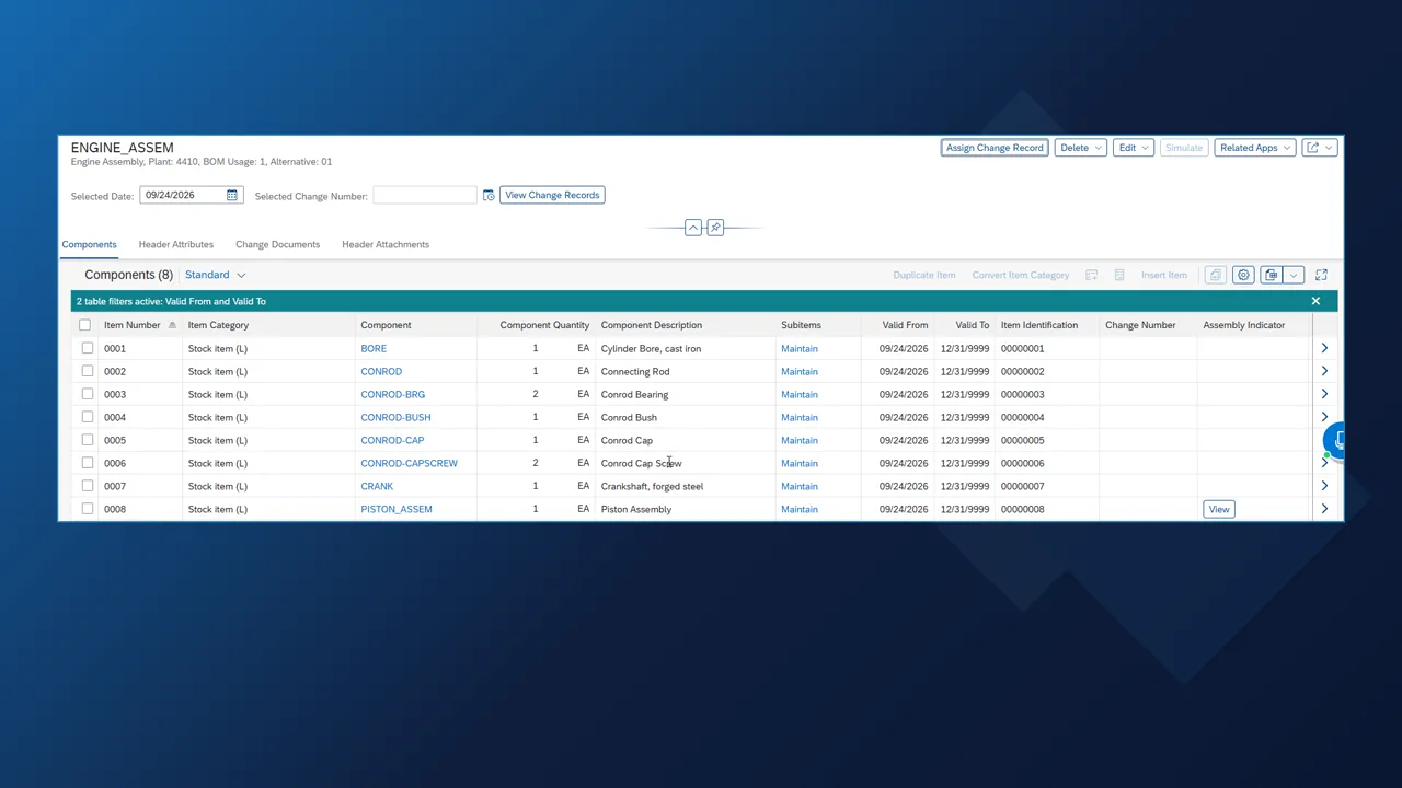 SAP S/4HANA Maintain Bill of Material for ENGINE_ASSEM, plant 4410, with the eight components sent from Inventor