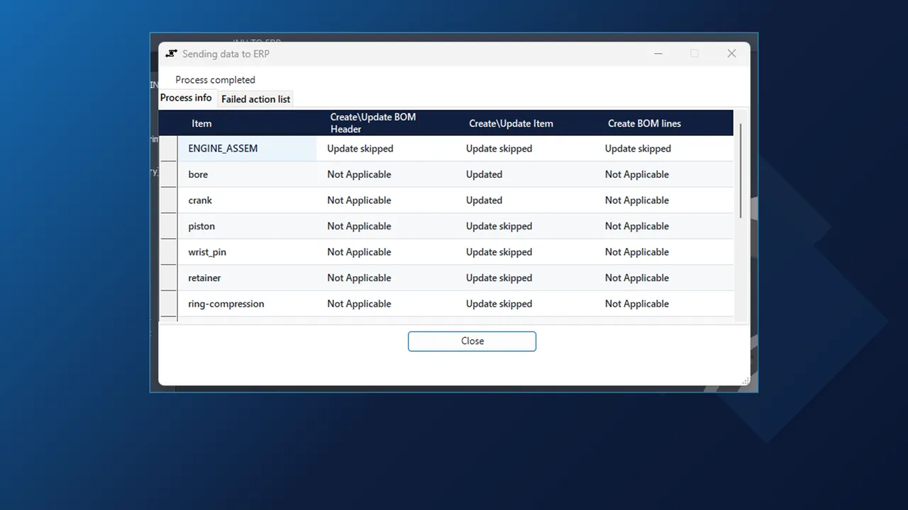 INV2ERP result dialog after a send from Inventor to SAP S/4HANA: two products updated, the rest already current