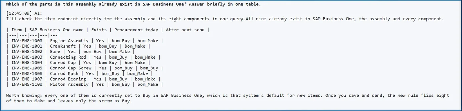 AI chat in Inventor listing the parts of the assembly that already exist in SAP Business One, in one table