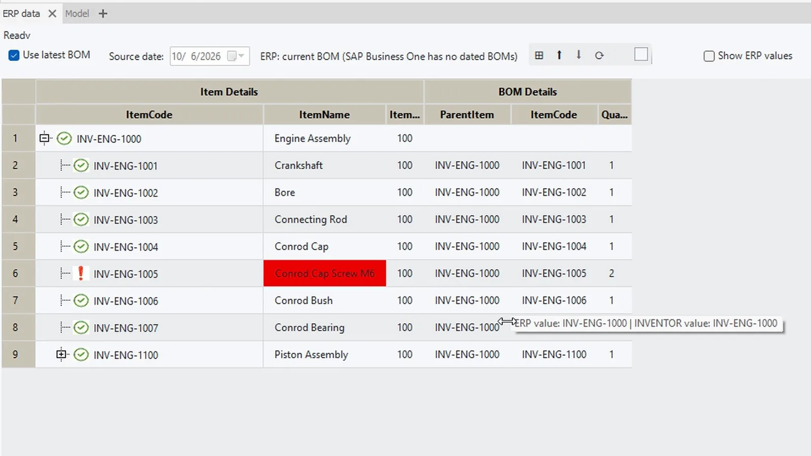ERP data pane in Inventor comparing the assembly with SAP Business One, the changed description of the cap screw marked red with a tooltip