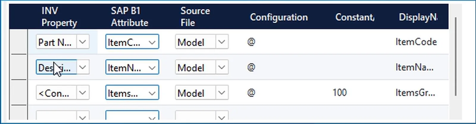 SAP Business One settings in INV2ERP: Inventor properties mapped to ItemCode and ItemName, and a constant 100 for the item group