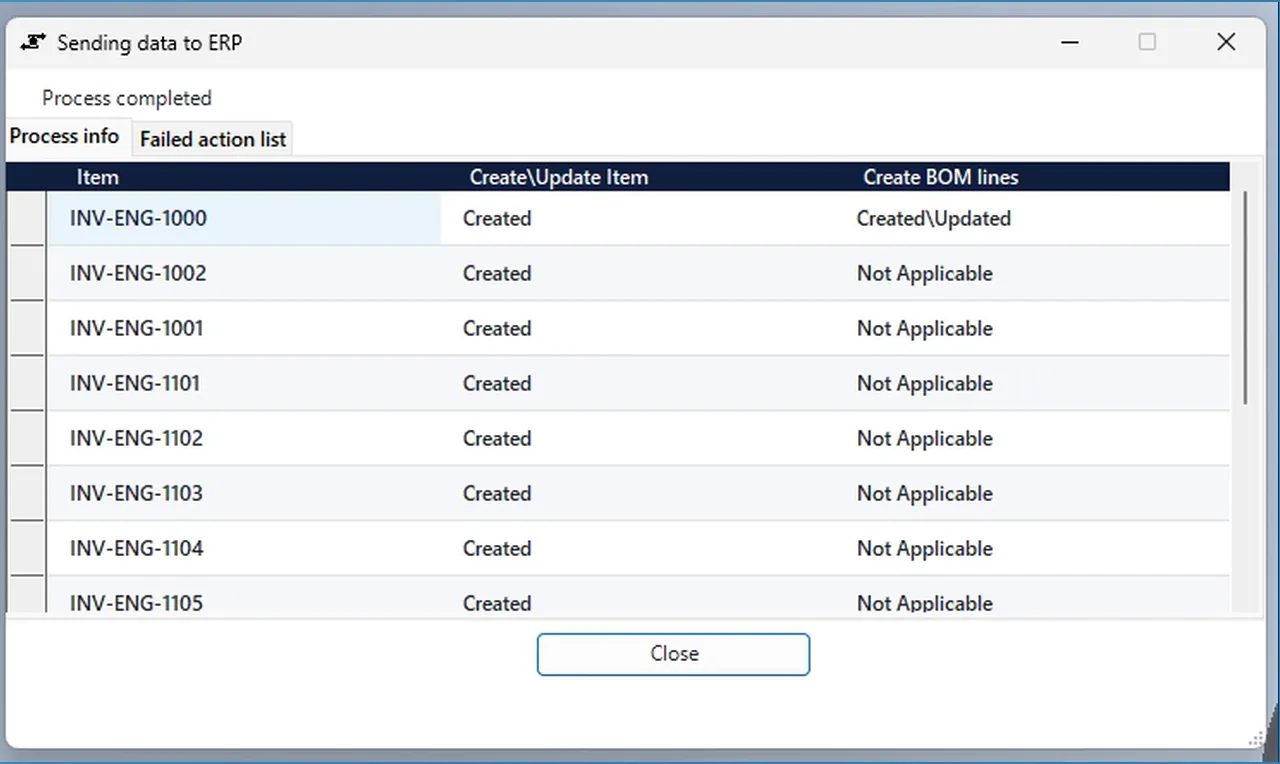 INV2ERP send dialog for SAP Business One: every item of the Inventor engine assembly Created, the bill of materials lines Created\Updated