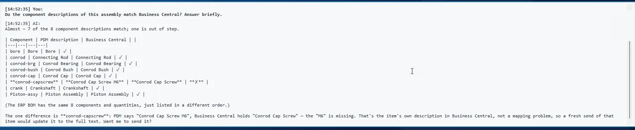 AI assistant answering whether the component descriptions match Business Central: seven of eight match, the cap screw differs