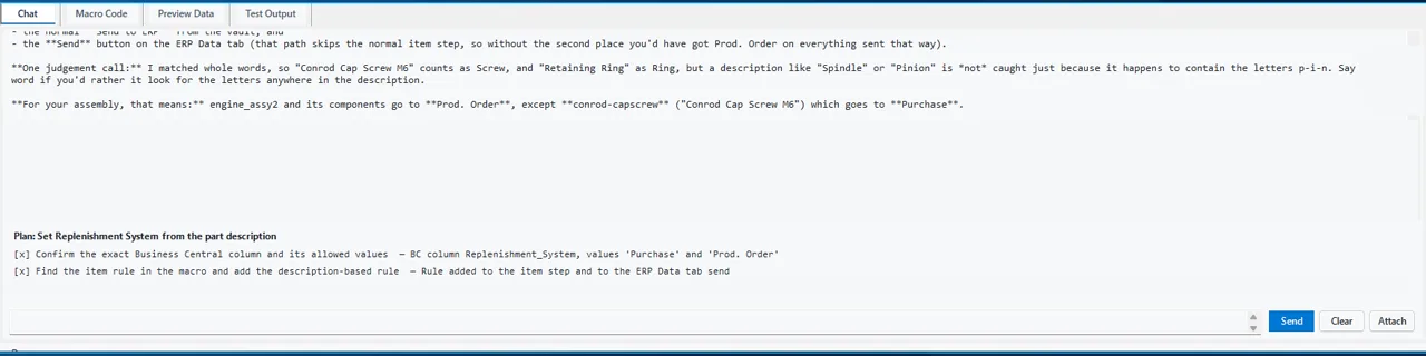 AI Macro Chat in SOLIDWORKS PDM explaining the new Replenishment System rule for screws, rings and pins