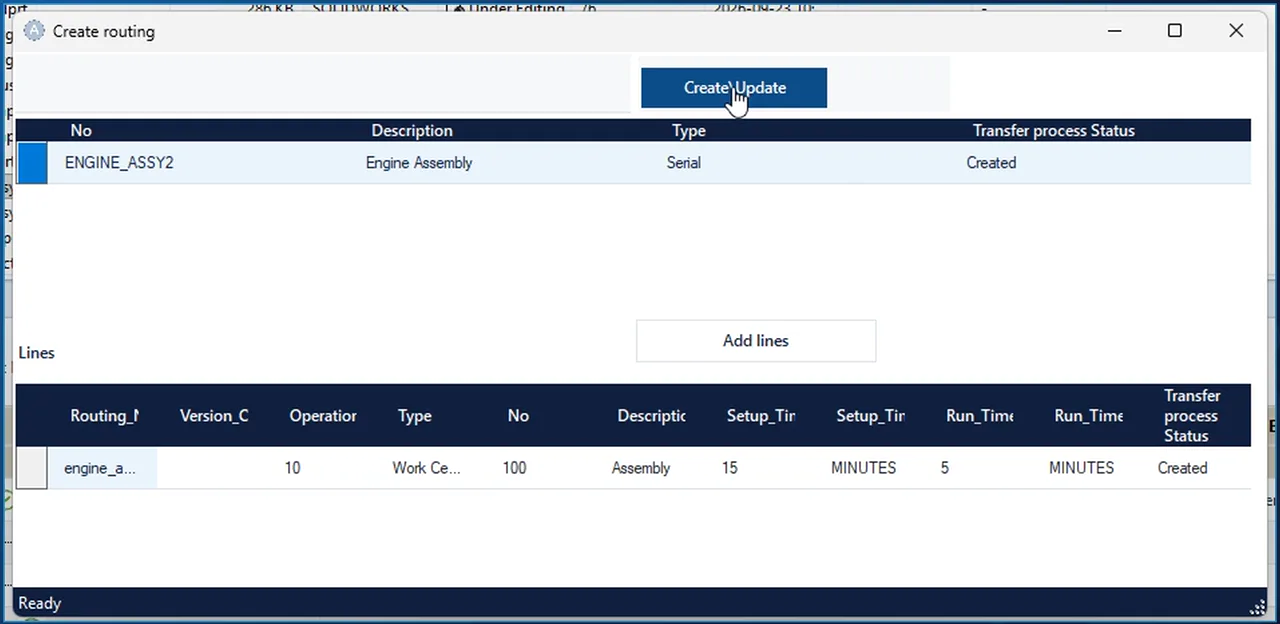 Create routing dialog in SOLIDWORKS PDM with the routing header and operation 10 created in Business Central