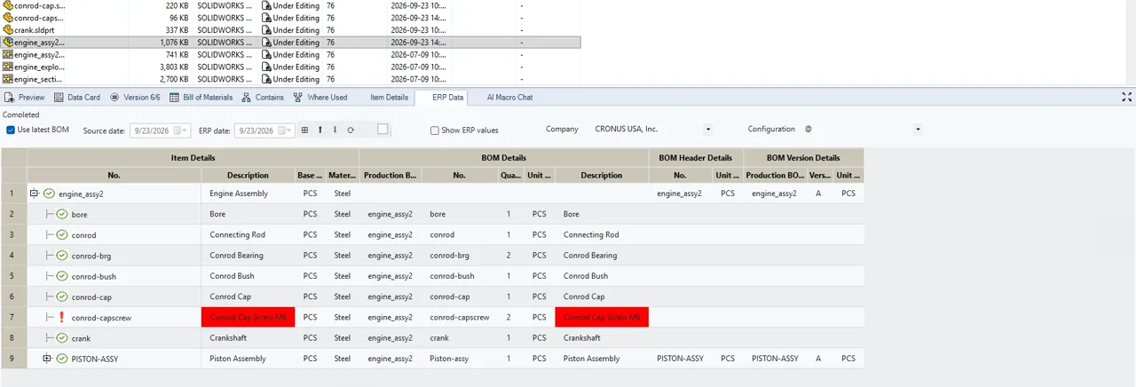 ERP Data tab comparing the PDM bill of materials with the Business Central production BOM; the changed cap screw description is marked red
