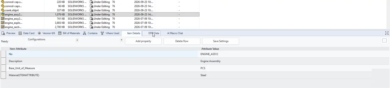 Item Details tab in the SOLIDWORKS PDM vault view showing Business Central item ENGINE_ASSY2 read live