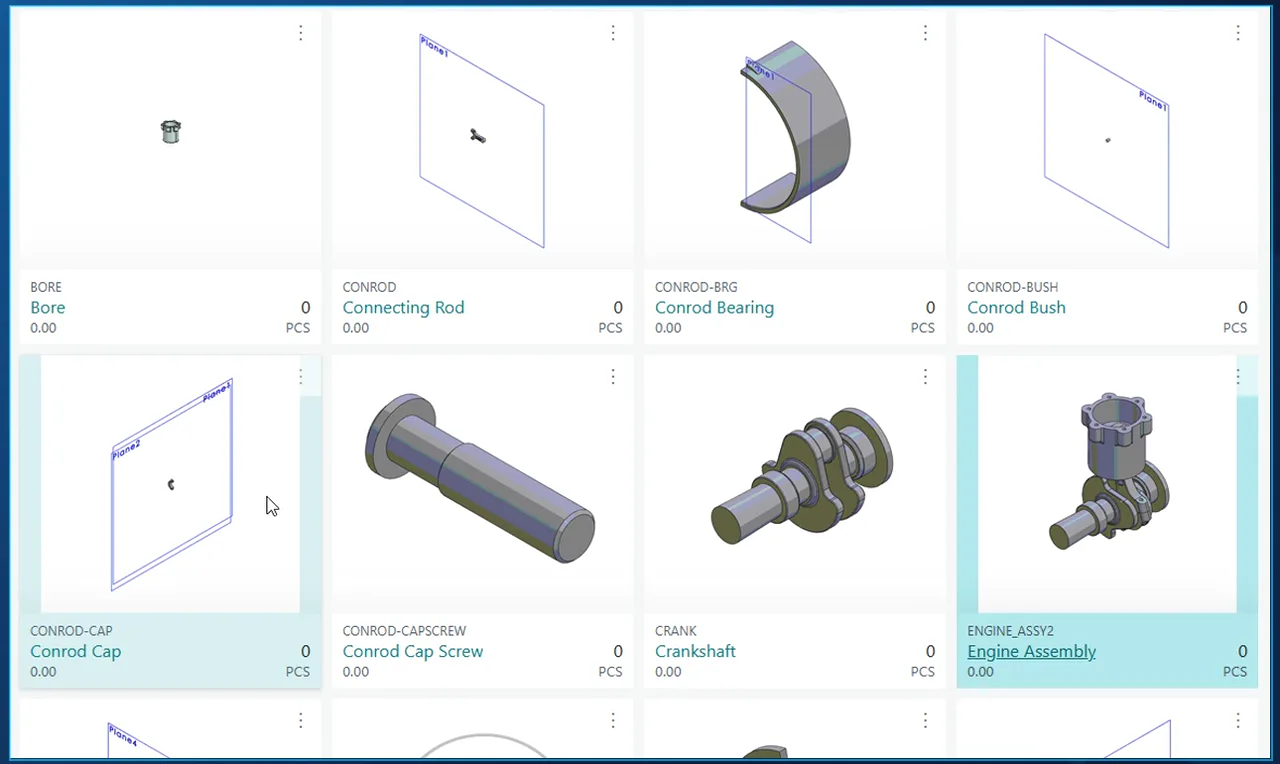 Business Central item list with the SOLIDWORKS preview picture on each item sent from PDM