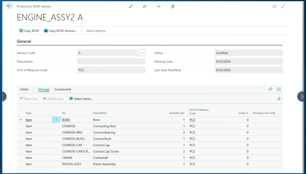 Business Central production BOM version ENGINE_ASSY2 A, certified, with eight component lines sent from SOLIDWORKS PDM