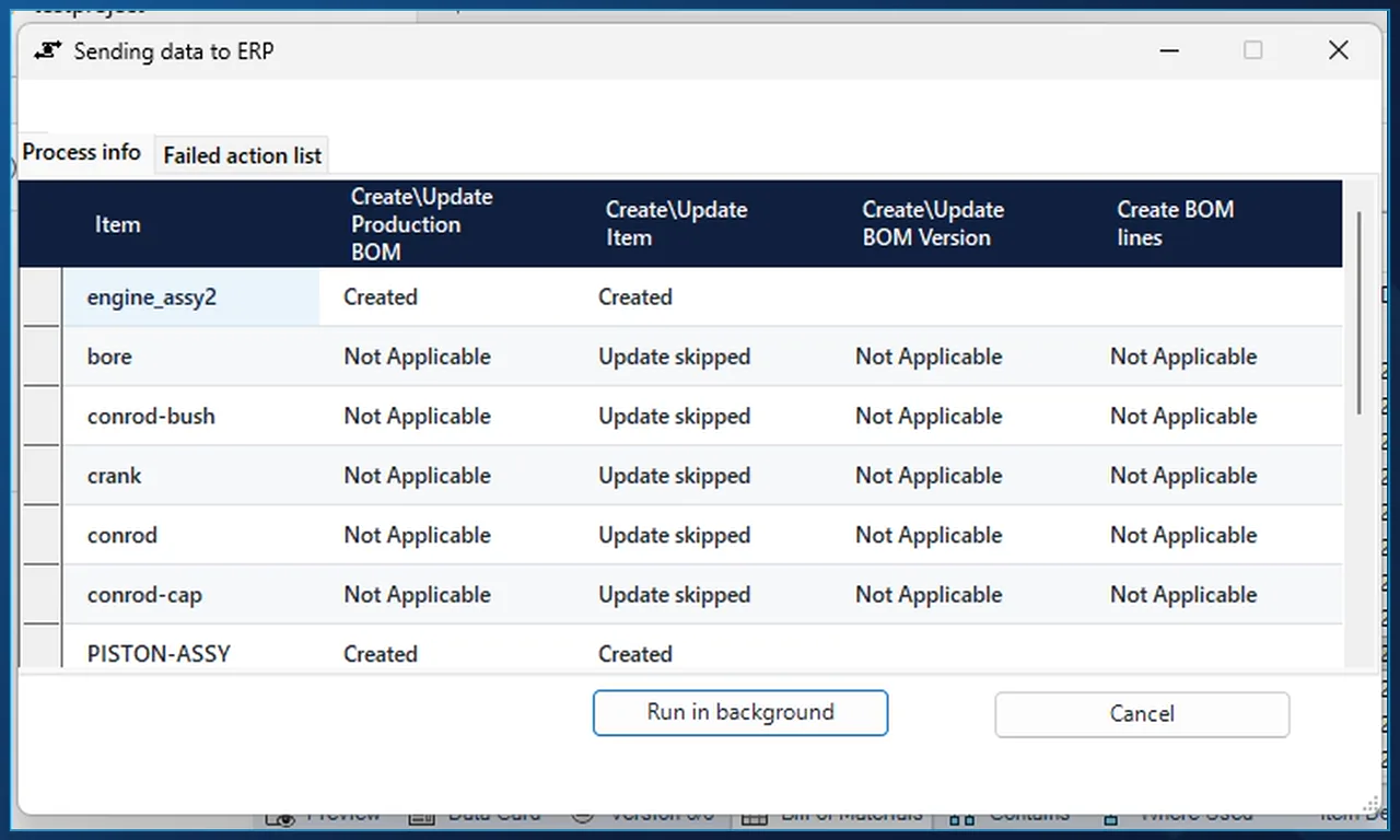 Sending data to ERP dialog after Send to Business Central all levels from SOLIDWORKS PDM, listing each item and its BOM steps